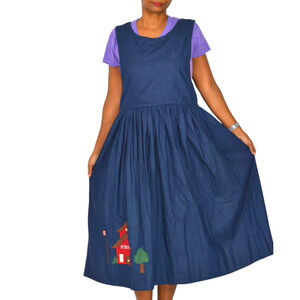 Vintage Betsys Denim Pinafore Dress Blue Teacher Applique Smock School Medium